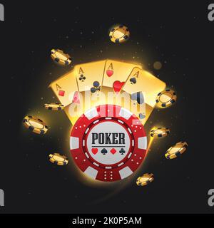 Spielchips und goldene Spielkarten. Vektorgrafiken. Vier goldene Asse-Karten und Spielchips auf schwarzem Hintergrund. Casino Banner-Konzept. Stock Vektor
