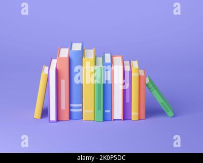 Bücher stapeln, Papierliteratur, Lehrbücher in blanken farbigen Einbänden. Konzept der Bildung, Schule oder Hausbibliothek, Weisheit, Wissen, Lesen, 3D Darstellung Stockfoto