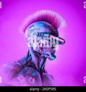 Cyberpunk Roboter krimineller Hacker - 3D Illustration von Science Fiction Schädel konfrontiert Cyborg mit Mohawk Haar Stockfoto