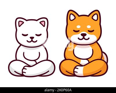 Katze und Hund sitzen in Meditation, Zeichentrickfilm. Niedliche lustige Shiba Inu und weiße Kätzchen meditieren in Lotusposition, Vektor Clip Art Illustration. Stock Vektor