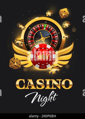 Golden Casino Night Flyer Illustration mit luxuriösen Pokerchips, Würfeln und Roulette-Rad. Kostbares Schild, Poster mit realistischen Casino-Elementen. V Stock Vektor