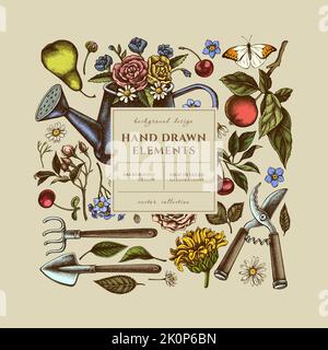 Gartenarbeit quadratische Karte oder Einladung Design. Rahmendesign mit Gießkannen, Äpfeln, Kirsche, Rose, Birnen, Schaufel, Rechen, Scheren, Kamille, Sonnenblume Stock Vektor