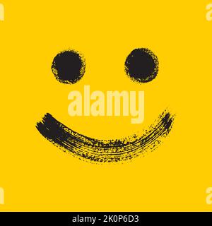 Gelbes quadratisches Smiley-Emoticon mit glücklichen Lächeln, von Hand mit grobem Pinsel gezeichnet. Symbol für Freude. Stock Vektor