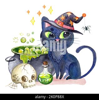 Schwarze Katze in einem Hut sitzt neben einem Kessel von Tränke. Aquarell Halloween isoliert Illustration. Für halloween Party, Poster, Design, Druck, Dekor, Stockfoto