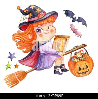 Aquarell Illustration von halloween niedlichen Cartoon Hexe mit einem Buch fliegen auf einem Broomstick. Halloween isolierte Illustration. Für halloween-Party, post Stockfoto