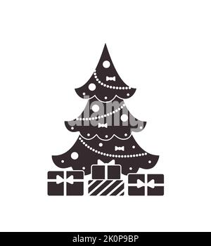 Silhouette von weihnachtsbaum , mit Girlanden geschmückt, mit Geschenken isoliert auf weißem Hintergrund. Flacher Cartoon-Stil. Vektorgrafik Stock Vektor