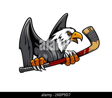 American Eagle Maskottchen mit Eishockey-Stick, Sportverein oder Team-Vektor-Emblem. Eishockey-Varsity oder College-Sport-Maskottchen des amerikanischen Adlers hält Hockeyschläger in Krallen Stock Vektor