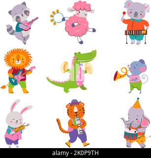 Cartoon Tiere Musiker halten Musikinstrumente. Animal Music Band Feier, wild niedlichen Waldcharaktere für Kinder, nowaday Vektor-Set Stock Vektor