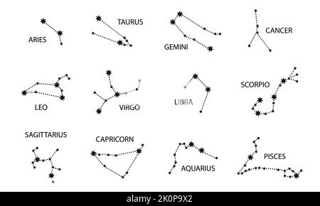 Sternzeichen. Himmelskarte. Horoskop-Symbol. Sternbilder von 12 Sternzeichen. Vektor-Illustration von astrologischen Zeichen für Kalender, horo Stock Vektor