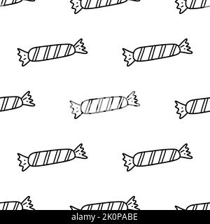 Nahtloses Muster mit schwarzen Doodle Bonbons auf weißem Hintergrund. Vektor-Illustration von Süßigkeiten für Web-und Textil-Design, Verpackung Papper, Karte, Druck Stock Vektor