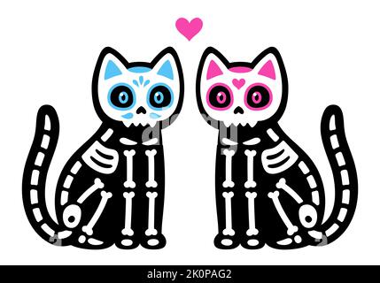 Zwei niedliche Cartoon schwarze Katzen mit mexikanischen bemalten Totenköpfen. Männliches und weibliches Skelettpaar. Dia de los Muertos (Tag der Toten) Zeichnung, Vektor illustrr Stock Vektor
