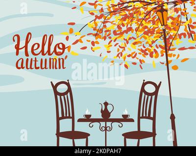Banner Hallo Kaffee Street Cafe, draußen, Baum, Herbststimmung, Nacht Stock Vektor