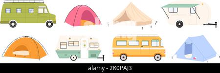 Isolierter Camping-Reisetransport, Touristenheim auf Rädern. Modernes Zelt Camper und Anhänger, Camp Cartoon Fahrzeug für die Erholung auf Natur rassig Vektor Stock Vektor