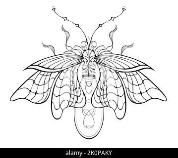 Antiker, konturierter, mechanischer Glühwürmchen mit Glühbirne und dünnen Flügeln auf weißem Hintergrund. Steampunk-Style. Stock Vektor
