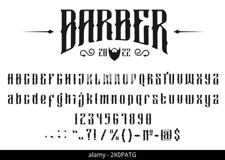 Friseur Shop alte Schrift, Vintage-Typ Alphabet oder Schrift, Friseur Typografie. Barbershop Schrift- oder Script-Text-Etiketten mit Zahlen, ABC-Buchstaben und -Zeichen, Hipster- oder Barbershop-Retro-Schrift-Alphabet Stock Vektor