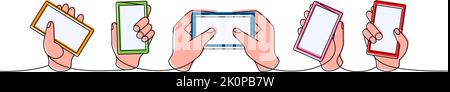 Satz von Hand halten Smartphone eine Zeile farbige kontinuierliche Zeichnung. Hand mit Telefon kontinuierliche eine Zeile bunte Set Illustration. Stock Vektor