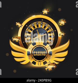 Goldene Spielkarten, Roulette-Rad und fliegende Pokerchips. Poker Casino Vektor Illustration. Realistischer Chip fliegt auf schwarzem Hintergrund. Online-casin Stock Vektor