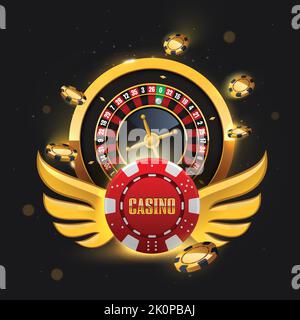 Goldenes Roulette-Rad und fliegende Pokerchips. Poker Casino Vektor Illustration. Realistischer Chip fliegt auf schwarzem Hintergrund. Online Casino, Glücksspiel con Stock Vektor