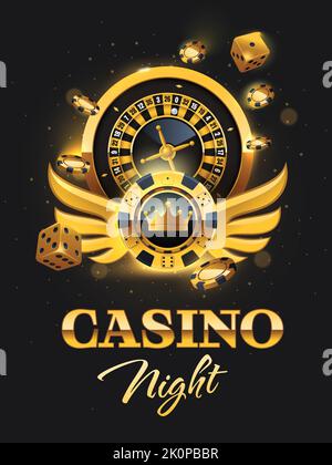 Golden Casino Night Flyer Illustration mit luxuriösen Pokerchips, Würfeln und Roulette-Rad. Kostbares Schild, Poster mit realistischen Casino-Elementen. V Stock Vektor