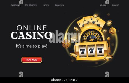 Casino Online-Landing-Page. Goldener gewinnender Spielautomat, fliegende Spielkarten, Roulette-Rad, Pokerchips und Würfel auf schwarzem Hintergrund. Homepage Stock Vektor