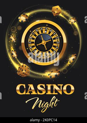 Casino Night Flyer Illustration mit Roulette-Rad, Casino-Chips und Würfel. Luxus-Schild, Poster mit realistischen Casino-Elementen. Vektorgrafik Stock Vektor