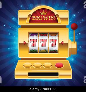 Golden Spielautomat auf blau glänzenden Hintergrund mit Big Win Zeichen. Gewinnen Sie 777 Jackpot. Lucky Seven, großer Gewinn, Casino vegas Spiel. Jackpot: Dreifach sieben. Vektor Stock Vektor