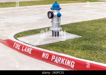 Grauer und blauer Hydrant auf dem Bürgersteig, rote Feuerspur ohne Parkmarkierung auf dem Bürgersteig der Straße Stockfoto