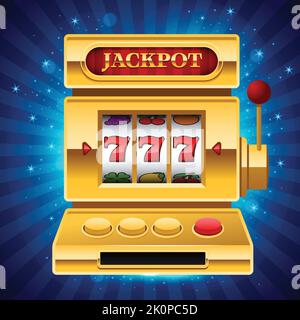 Goldener Spielautomat mit Jackpot-Zeichen auf glänzendem blauen Hintergrund. Gewinnen Sie 777 Jackpot. Lucky Seven, großer Gewinn, Casino vegas Spiel. Jackpot: Dreifach sieben. Vektor Stock Vektor