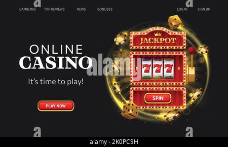 Casino Online-Landing-Page. Gewinnen rote Spielautomat Vektor-Illustration auf schwarzem Hintergrund. UI-Vorlage für die Benutzeroberfläche der Website-Homepage. Landing Web-Seite Stock Vektor
