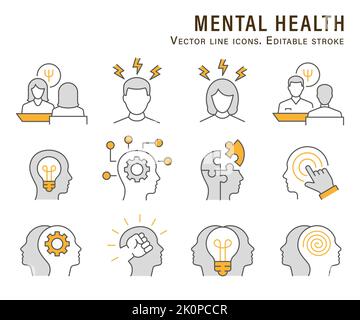 Psychologie flacher Symbolsatz. Sammlung von Geist, Gehirn, Emotion, psychische Gesundheit und mehr. Vektorgrafik. Bearbeitbare Konture. Stock Vektor