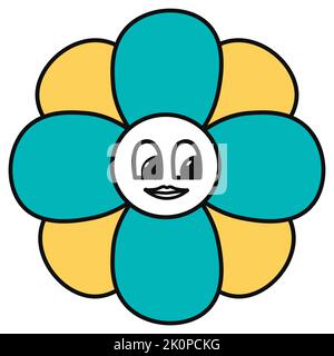 Aufkleber mit lächelnder Blume, blühender Flora Emoticon Stock Vektor
