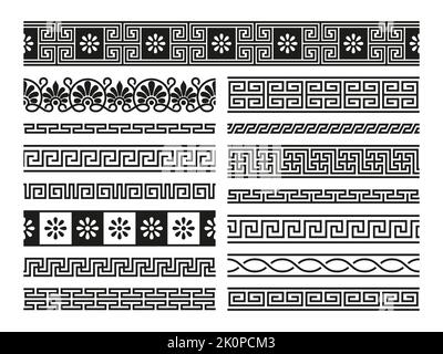 Griechische Ornamente. Geometrische nahtlose Muster antiken mediterranen Stil, abstrakt dekorativen Rahmen Griechenland klassische Grenzen. Vektorset. Quadratische Elemen Stock Vektor