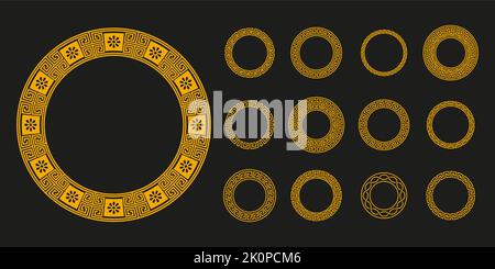 antikes griechisches Kreisornament. Antikes Griechenland traditionelle runde Mäander-Bordüren, geometrische runde dekorative Rahmen. Vector Kollektion. Goldener Ornam Stock Vektor