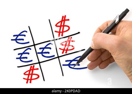 Dollar gegen Euro: euro gewinnt gegenüber dem Dollar - Konzeptbild mit Handzeichnung des Tris-Spiels Stockfoto