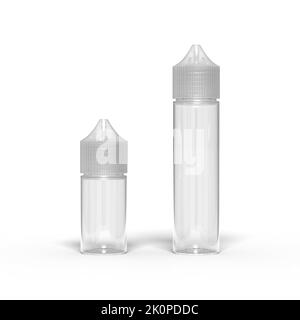 Leere leere 30ml und 60ml Einhorn Vape Juice Flasche isoliert auf weißem Hintergrund. 3D Darstellung rendern Stockfoto