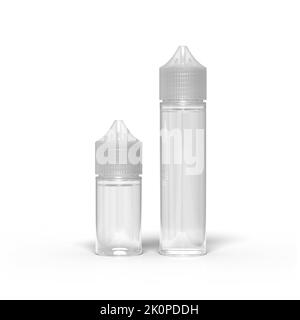 30ml und 60ml Unicorn Vape Juice Flasche gefüllt mit klarer Flüssigkeit, isoliert auf weißem Hintergrund. 3D Darstellung rendern. Stockfoto