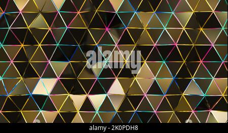 Abstrakter geometrischer Hintergrund mit goldenen Dreiecken und irisierenden Kanten. 3D Rendern Stockfoto
