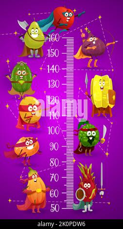 Cartoon Früchte Ritter und Superhelden Persönlichkeiten, Kinder Höhendiagramm Wachstumsmeter. Vektor-Aufkleber mit lustigen Apfel und Birne, Feigen und Mandarine, Starfruit und Bergamotte, Papaya, Pfirsich und Melone Zeichen Stock Vektor