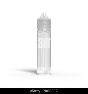 Transparent klar 60ml mollig Gorilla Einhorn Vape Juice Flasche mit klarer Flüssigkeit gefüllt und isoliert auf weißem Hintergrund, 3D Render Illustration. Stockfoto