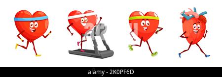 Cartoon Running Heart Charaktere niedlich gesunde starke Herzen, Vektor-Persönlichkeiten. Fröhliche, gesunde Herzfiguren laufen Cardio-Training, Fitness-Jogging oder Fitness-Laufband und laufen auf Marathon Stock Vektor