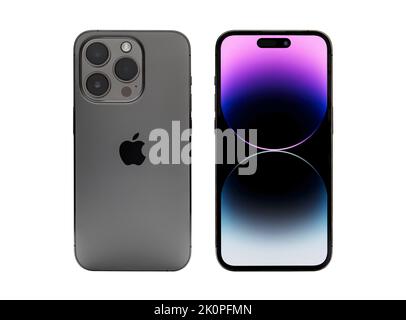 Antalya, Türkei - 08. September 2022: Neu veröffentlichtem iphone 14 Pro Mockup Set mit Vorder- und Rückwinkel Stockfoto