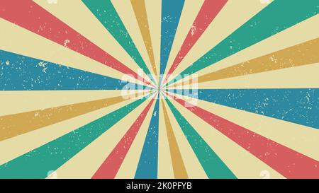 Farbenfrohe Vintage-Strahlen Hintergrund mit einer verzweifelten Textur. Retro-Sonnenstrahlen verblasste Kulisse. Alte Poster-Grunge-Textur. Sunburst Tapete. Vektor Stock Vektor