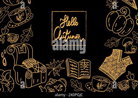 Rahmen mit Herbstobjekten, handgezeichneten Elementen im Doodle-Stil. Handgezeichnete Inschrift. Regenschirm, Buch, Kürbisse, Teekannen und Becher mit Heißgetränk auf Schwarz Stock Vektor