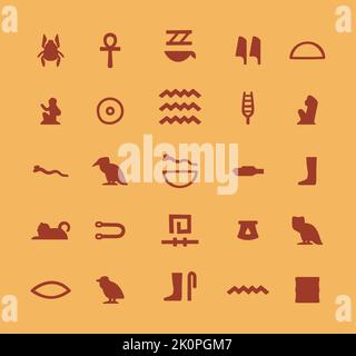 Ägyptische Hieroglyphen. Altes Ägypten Buchstaben Symbole, alte Stein Denkmal Schrift schreiben, antike dekorative Zeichen in Pyramide. Vektor-isolierter Satz. Sein Stock Vektor