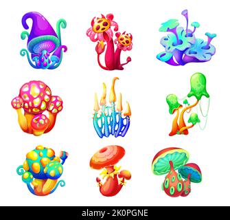 Magische Fee Cartoon Pilze. Vektor Fantasy Wald oder außerirdische Welt Planeten Pflanzen, Spiel ui Natur Asset. Fantastische Neonpilze oder Märchenpilze mit leuchtenden Kappen, Schleim, Löchern und Tentakeln Stock Vektor