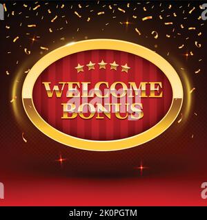 Online Welcome Bonus Casino Zeichen auf rotem Hintergrund abgestreift. Vektor-Illustration für Casino Poker, Roulette oder Lotterie. Goldenes Casino gerahmtes Schild illu Stock Vektor