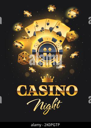 Casino Night Flyer Illustration mit Spieldesign Elementen, Poker Chips, Würfel und Spielkarten. Luxus-Schild, Poster mit realistischem Casino el Stock Vektor