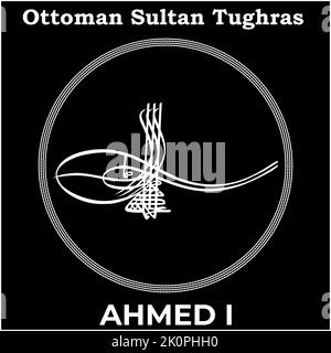 Vektorbild mit Tughra Unterschrift des osmanischen vierzehnten Sultan Ahmed I, Tughra von Ahmed I mit schwarzem Hintergrund. Stock Vektor