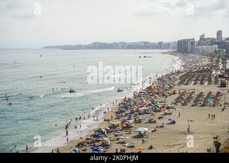 Überfüllter Strand mit Sonnenschirmen belebter Strand, Fuengirola, Los Boliches, Andalusien, Costa del Sol, Spanien. Stockfoto