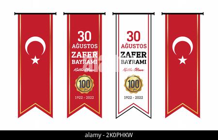 30 Ağustos Zafer Bayramı Türkischer Text auf roter winkender Flagge und Mann auf einem aufzuchtenden Pferd. Übersetzung: Glücklicher 30. august-Siegestag. Schwalbenflagge (kırlangıç Stock Vektor